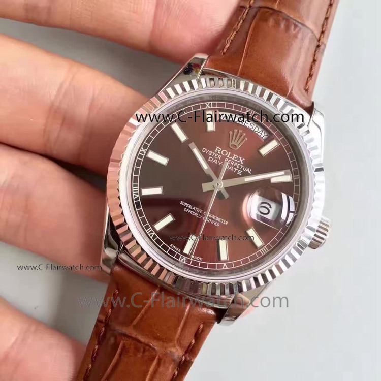 Best Replica Rolex DAY DATE Brown Leather Strap SS Watch
